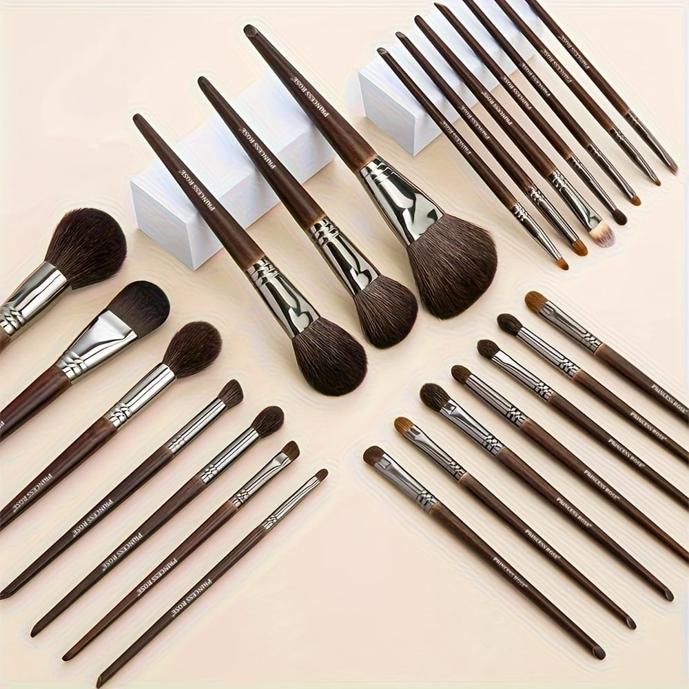 KissICON A-Brown / 24 Makeup Brush + 1 Travel Case Rose Princess 25pc Goat Hair Makeup Brush Set – Travel