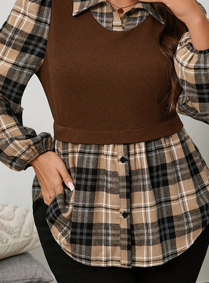 KissICON A-Brown / UK 18 Plus Size Casual Plaid Button-Up Shirt - Color Block Lattice Sleeve Design, 100% Polyester, Machine Washable, Loose Fit for Fall/Winter