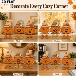 KissICON A Halloween Wooden Pumpkin Decor 3 Pieces Farmhouse Tabletop Ornament 2D Pumpkin Character Festive Home Desk Mantel Decor Gifts