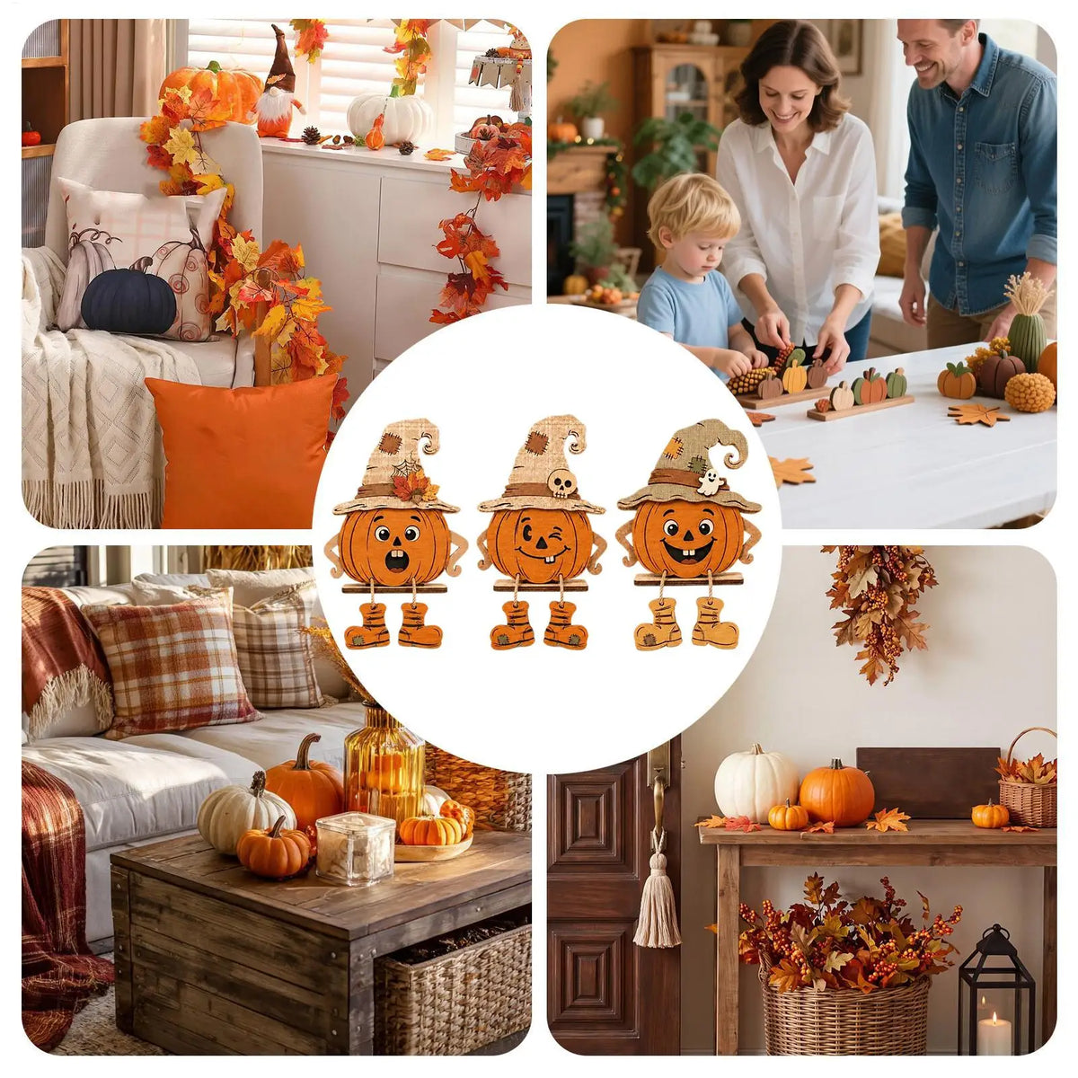 KissICON A Halloween Wooden Pumpkin Decor 3 Pieces Farmhouse Tabletop Ornament 2D Pumpkin Character Festive Home Desk Mantel Decor Gifts