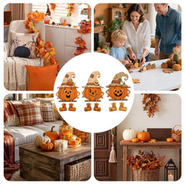 KissICON A Halloween Wooden Pumpkin Decor 3 Pieces Farmhouse Tabletop Ornament 2D Pumpkin Character Festive Home Desk Mantel Decor Gifts