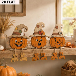 KissICON A Halloween Wooden Pumpkin Decor 3 Pieces Farmhouse Tabletop Ornament 2D Pumpkin Character Festive Home Desk Mantel Decor Gifts