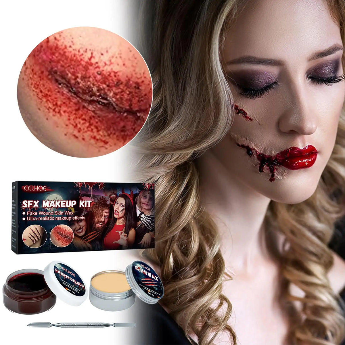 KissICON A Professional Halloween Makeup Kit Fake Wound Scar Fake Blood Paint Scar Wax Halloween Special Effect Make Up Halloween Cosmetics