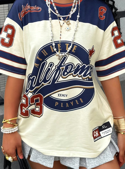 Plus Size - Plus Size Fashionable Gentleman'S Trendy! American Letter T-Shirt, White and Blue Eye-Catching, Slogans and Numbers, Leading Street Trend