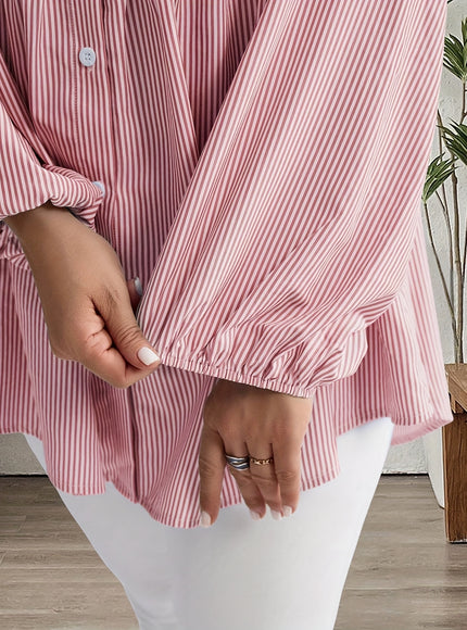 Plus Size, Women's Plus Size Oversized White & Green Horizontal Striped Button- Shirt Jacket-like Blouse - Short Sleeve-like Collar, Wrinkle-Resistant (Machine Washable) H-Line Fit for Year-Round Casual & Dressy Wear (No)