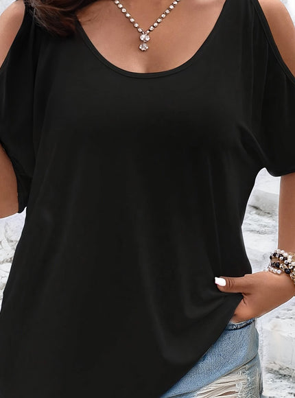 Plus Size Solid Cold Shoulder Women's Casual Crew Neck Short Sleeve T-Shirt
