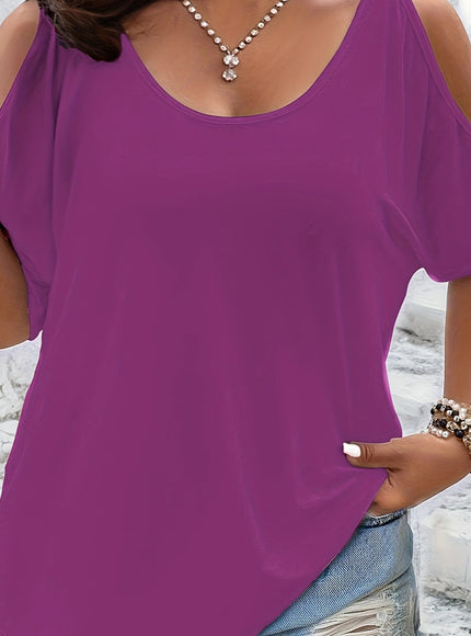 Plus Size Solid Cold Shoulder Women's Casual Crew Neck Short Sleeve T-Shirt