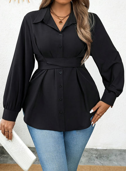 Women'S Elegant Solid Color Shirt with Belt, Polyester 100% Long Sleeve Raglan Sleeve, All-Season H-Fit with Lapel Collar, Button Placket, Regular Length - Woven Fabric 113 gsm