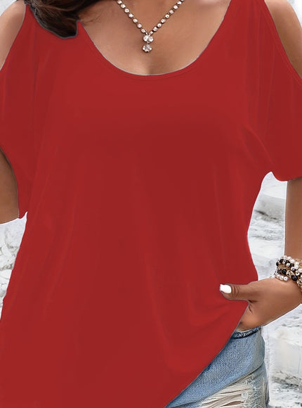Plus Size Solid Cold Shoulder Women's Casual Crew Neck Short Sleeve T-Shirt