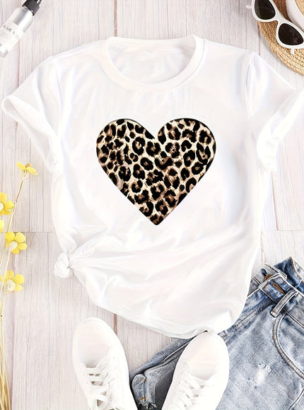 Plus Size Leopard Heart Print T-shirt - Vibrant Short Sleeve Crew Neck Casual Top for Summer & Spring - Soft, Breathable, Relaxed Fit Women's Plus Size Clothing for Everyday Wear