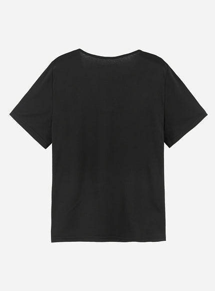 Plus Size Casual T-shirt, Women's Plus Flag Print Grommet Short Sleeve Notched Neck Medium Stretch T-shirt