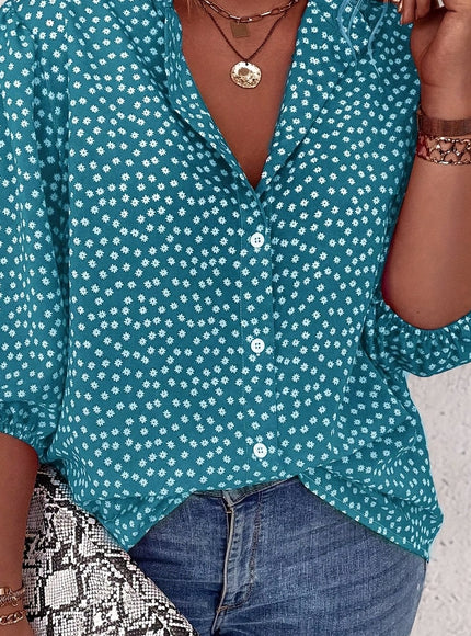 Plus Size Women's Casual Shirt - Floral Print Front Button-Up Blouse with Puff Sleeves, Stand-Up Collar & Lightweight Breathable Fabric for Summer, Machine Washable H-Line Silhouette (Elegant Collection), Relaxed Fit Clothing