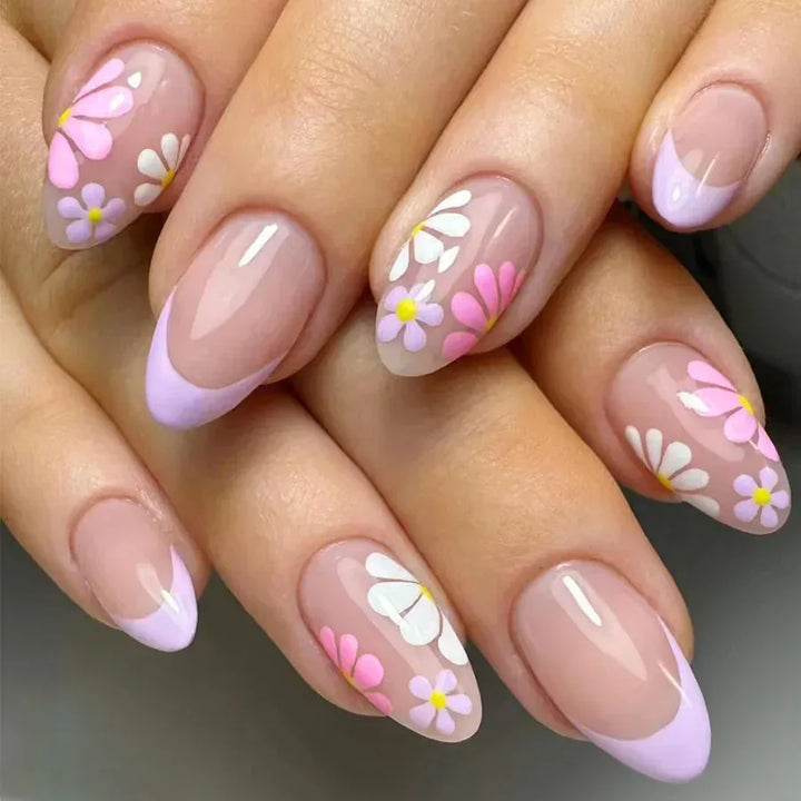KissIcon Short Almond Press-On Nails Floral Tip -
