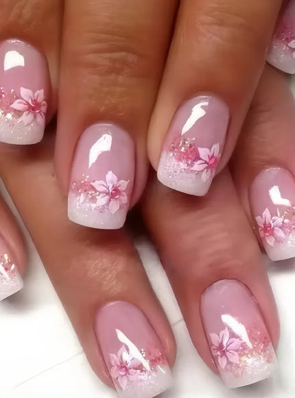 KissICON A593 KissIcon Short Almond Press-On Nails Floral Tip -