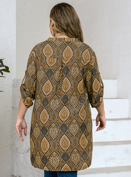 Plus Size - Women'S Plus Size Tropical Print V-Neck Blouse - Elegant Loose Fit Long Shirt with Adjustable Three-Quarter Sleeves, Half Placket & Button Front, Comfortable Casual Top for Casual Attire, Casual Attire Blouse | Vn