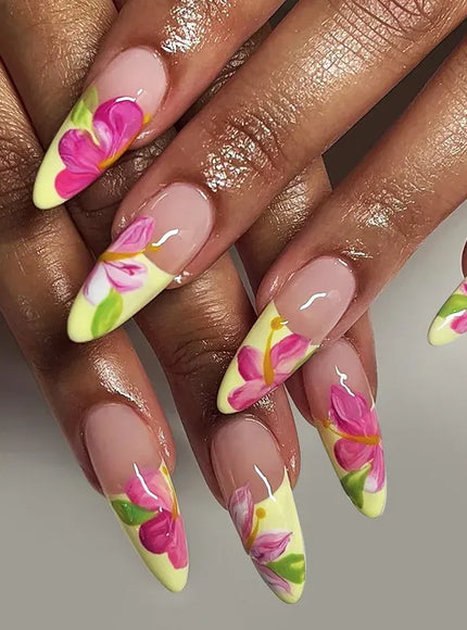 KissICON A687 KissIcon Short Almond Press-On Nails Floral Tip -