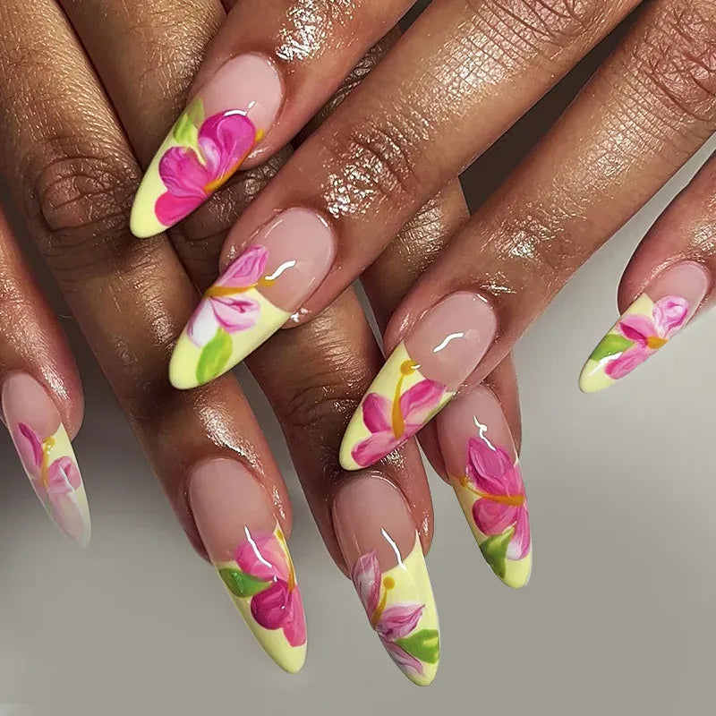 KissICON A687 KissIcon Short Almond Press-On Nails Floral Tip -