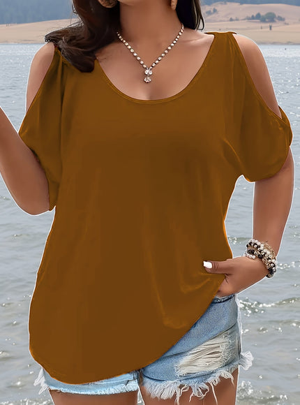 Women's Elegant Off-Shoulder Round Neck T-Shirt - Soft Stretchy Fabric, Solid Color Summer Casual & Formal Wear, Hand Wash Only, Everyday Comfort Tee, Elegant Shirt, Comfortable Fit Shirt