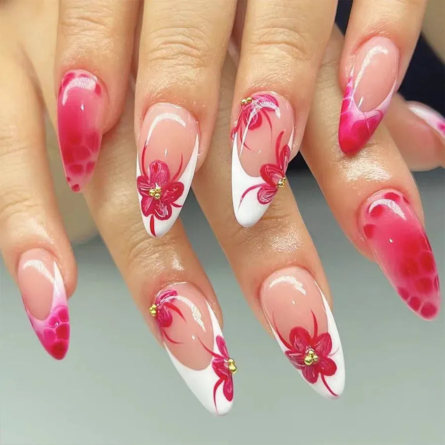 KissICON A832 KissIcon Short Almond Press-On Nails Floral Tip -