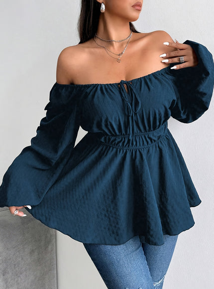 Plus Size - Plus Size - Plus Size - Women'S Plus Size Navy Blue Blouse with Front Drawstring & Ruffled Sleeves - Casual Keyhole Neckline, Long Sleeve, Non-Stretch Fabric, Perfect for Casual Attire, Casual Wear Blouse | Ruffle