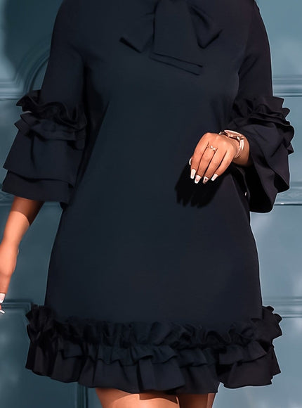 jkthpu-45 Black / UK 16 Plus Size Tie Neck Tunic Dress - 3/4 Sleeve, Ruffle Trim, Slight Stretch, Solid Color, Polyester, Perfect for Wedding, Graduation, Engagement, Party, Holiday, Vacation, Birthday Celebrations