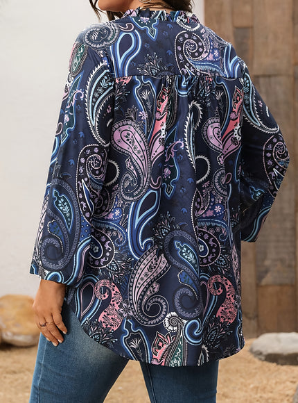Plus Size - Plus Size Women'S Elegant V-Neck Paisley Print Blouse - Non-Stretch Fabric, Notched Collar, Long Sleeve, Floral Pattern, Spring/Summer/Fall Fashion Top, Spring Summer Fashion | Vneck Blouse | Nonstretch Fabric, La