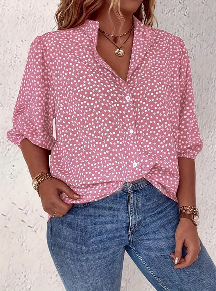 Plus Size Women's Casual Shirt - Floral Print Front Button-Up Blouse with Puff Sleeves, Stand-Up Collar & Lightweight Breathable Fabric for Summer, Machine Washable H-Line Silhouette (Elegant Collection), Relaxed Fit Clothing
