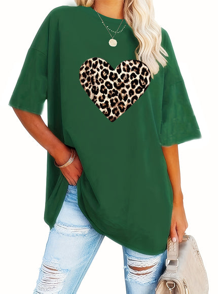 Women's Valentine's Day Leopard Heart Print T-Shirt - Short Sleeve Crew Neck Casual Top, Vibrant Pink, Relaxed Fit, Machine Washable, Plus Size Friendly, All-Season Comfort, Valentine's Day T-shirts, Trendy Casualwear, Durabl