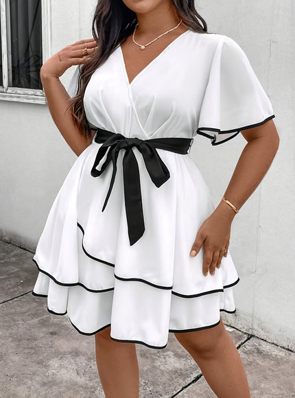 jkthpu-45 Elegant Women'S V-Neck Color Block Dress with Tie Waist - Non-Stretch, Short Sleeve, A-Line Silhouette for Spring/Summer Vacation Wear, Summer Casual Dress | Vneck Dress | Stylish Bow Detail, Beach Dress