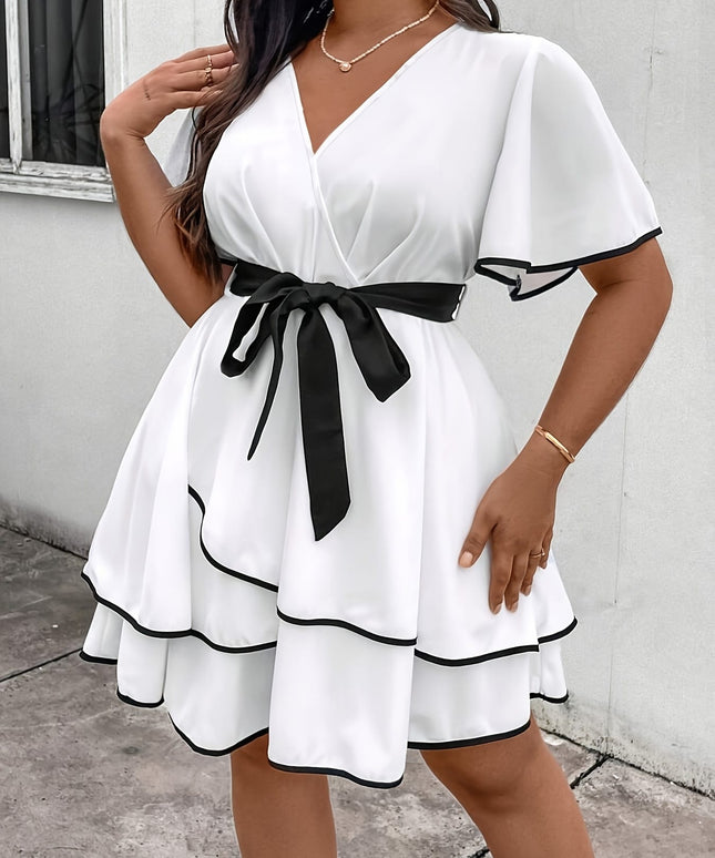 jkthpu-45 Elegant Women'S V-Neck Color Block Dress with Tie Waist - Non-Stretch, Short Sleeve, A-Line Silhouette for Spring/Summer Vacation Wear, Summer Casual Dress | Vneck Dress | Stylish Bow Detail, Beach Dress