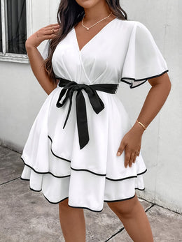 jkthpu-45 Elegant Women'S V-Neck Color Block Dress with Tie Waist - Non-Stretch, Short Sleeve, A-Line Silhouette for Spring/Summer Vacation Wear, Summer Casual Dress | Vneck Dress | Stylish Bow Detail, Beach Dress