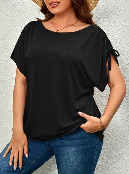 Plus Size Casual T-shirt, Women's Plus Solid Drawstring Ruched Short Sleeve Round Neck Slight Stretch T-shirt