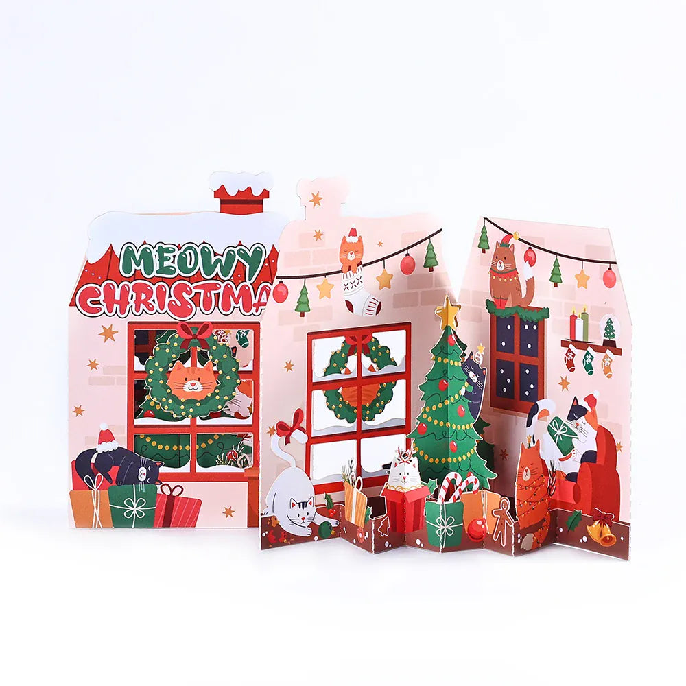 KissICON AD-GXT-036 Christmas Tree Greeting Cards Cat Xmas Party Three-dimensional Pop Up Card 3D Postcard With Envelope Holiday Supplies