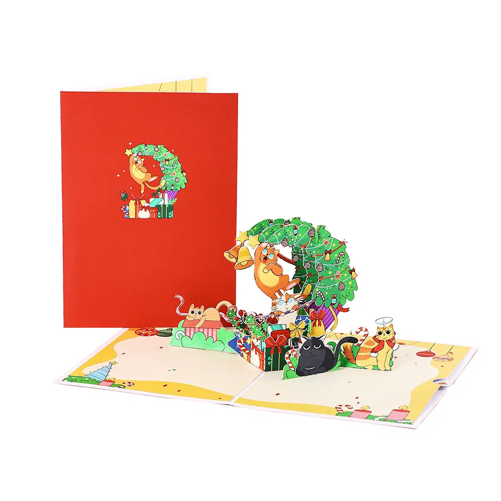 KissICON AD-GXT-039 Christmas Tree Greeting Cards Cat Xmas Party Three-dimensional Pop Up Card 3D Postcard With Envelope Holiday Supplies