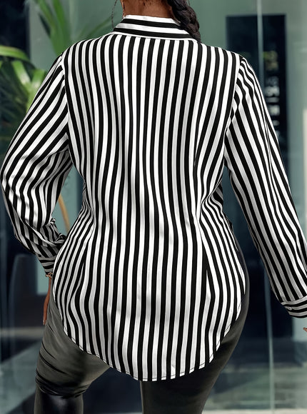 Plus Size, Plus Size Fashionable Elegant Side-Slit High Slit Waist-Length Striped Long Sleeve Shirt