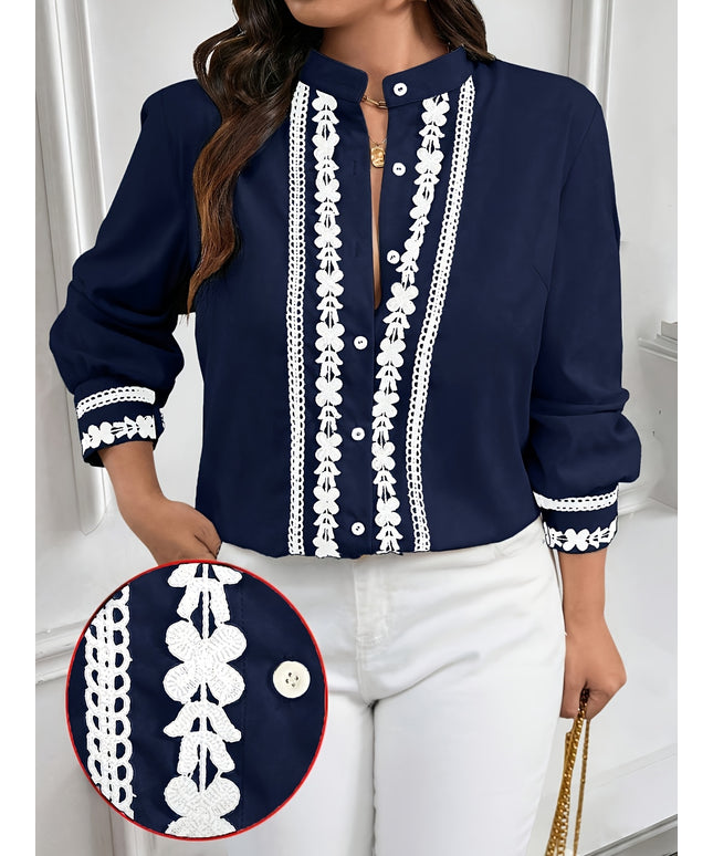 Plus Size, Women's Plus Size Elegant Navy Blue Blouse - Long Sleeve Button-front Shirt with Lace-like trim, Non-Stretch Office Formal Tops for Women, Machine Washable Elegant Shirt for Fall/Winter Wardrobe, Winter Fashion, Cl
