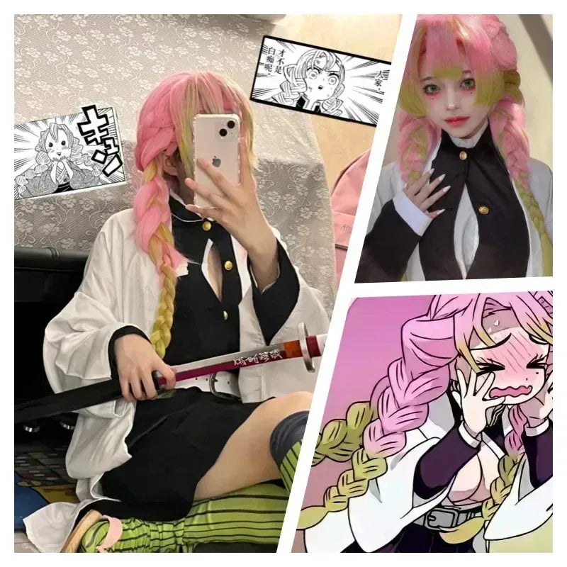 KissICON Adult Children Anime Kanroji Mitsuri Cosplay Costume Kimono Haori Dress Wig Clothes Halloween Costume for Adult Children
