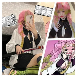 KissICON Adult Children Anime Kanroji Mitsuri Cosplay Costume Kimono Haori Dress Wig Clothes Halloween Costume for Adult Children