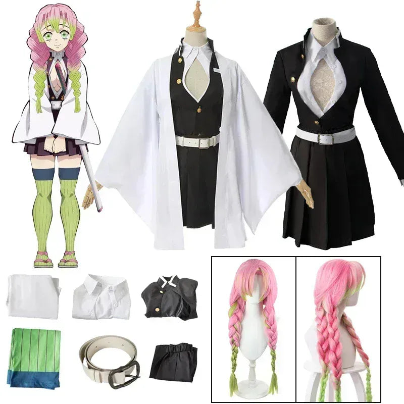 KissICON Adult Children Anime Kanroji Mitsuri Cosplay Costume Kimono Haori Dress Wig Clothes Halloween Costume for Adult Children