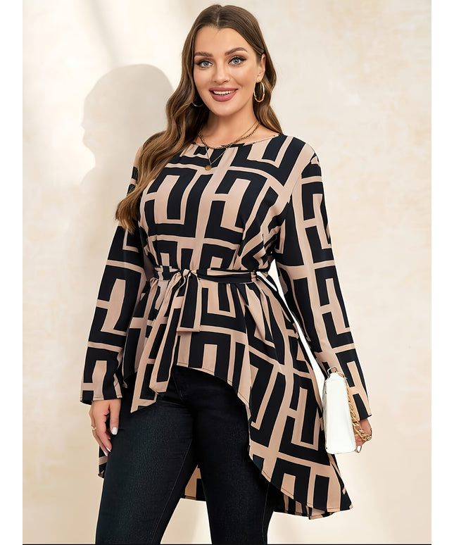 Plus Size, Women's Plus Size Elegant Asymmetrical Hem Blouse - Long Sleeve Round Neck Smock Top with Tie-Front Closure, All-Season Casual to Formal Wear, Beige & Black Abstract Print, Machine Washable (Brown/Beige/Black) - La