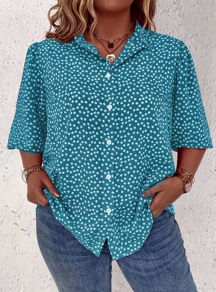 Plus Size Women's Casual Shirt - Floral Print Front Button-Up Blouse with Puff Sleeves, Stand-Up Collar & Lightweight Breathable Fabric for Summer, Machine Washable H-Line Silhouette (Elegant Collection), Relaxed Fit Clothing