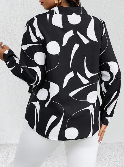 Plus Size - Plus Size Women'S Casual Shirt - Black & White Geometric Pattern, Long Sleeve, Button-Up with Tie Waist, Lightweight Non-Stretch Fabric, All-Season Versatile Top for Casual Attire, Versatile Fashion | Geometric Pa