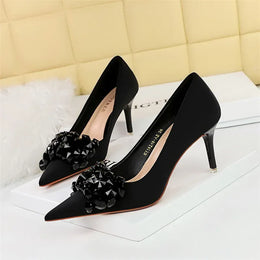 KissICON AH27 Black 7.5cm / 39 / CHINA Rhinestones Women Pointed Toe Shallow Mouth Pumps Crystal