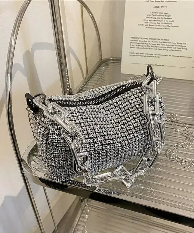 Dropshipman Allover Rhinestone Bucket Bag, Glitter Chain Prom Purse, Women's Mini Crossbody Bag