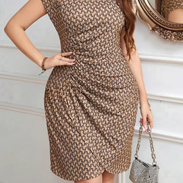 jkthpu-45 Amber / UK 16 Elegant Leopard Print Midi Dress with Ruffle Detail - Sleeveless, Crew Neck, Stretchy Polyester Fabric, All-Season Wear for Women, Stylish Geometric-Patterned Dress, Leopard Print Dres