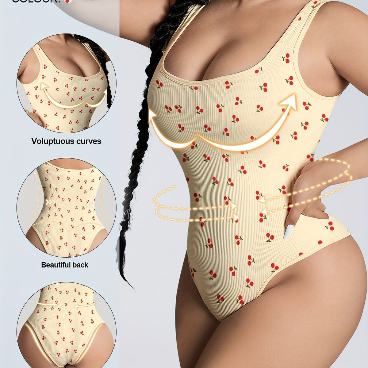 jkthpu-45 Apricot Cherry Print / UK 18 Sweet Cherry Plus Size Tummy Control Bodysuit