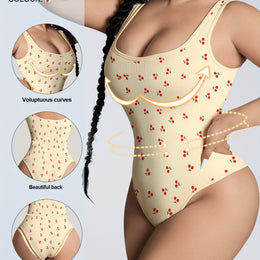 jkthpu-45 Apricot Cherry Print / UK 18 Sweet Cherry Plus Size Tummy Control Bodysuit