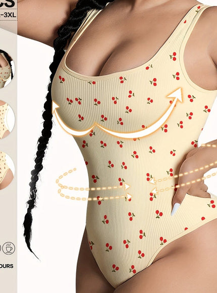 jkthpu-45 Apricot Cherry Print / UK 18 Women's Plus Size Tummy Control Shapewear Bodysuit -