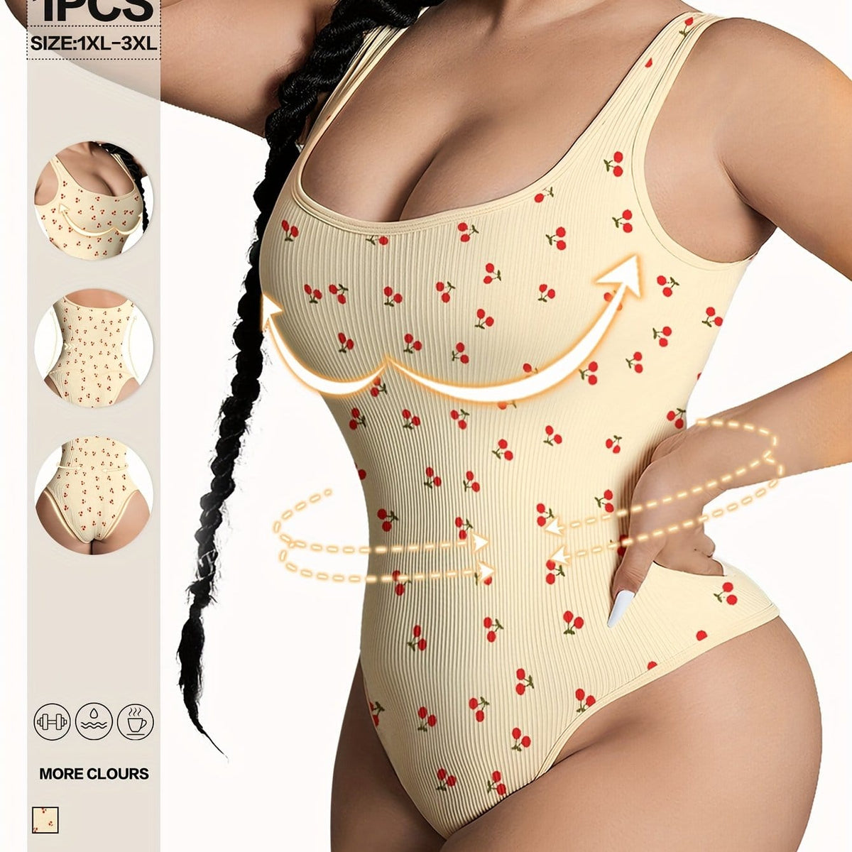 jkthpu-45 Apricot Cherry Print / UK 18 Women's Plus Size Tummy Control Shapewear Bodysuit -