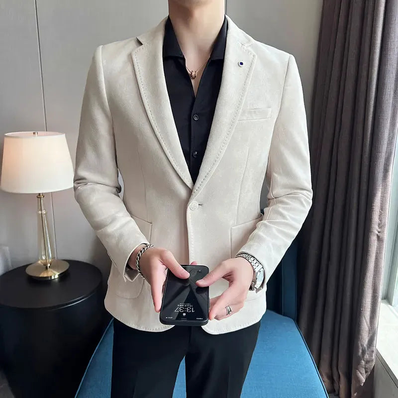 KissICON Apricot color / XXXL Stylish Korean Suede SlimFit Mens Business Casual Suit
